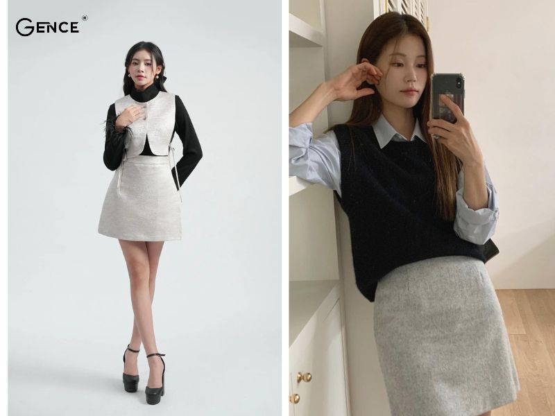 Diện áo gile với chân váy chữ A năng động