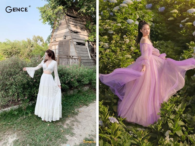 Phối đồ đi Đà Lạt cho nữ với váy maxi bồng bềnh