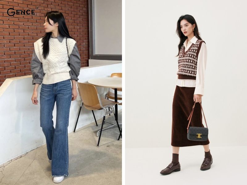 Áo sơ mi, gile kết hợp với quần jean hoặc chân váy