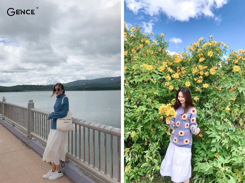 Đi Đà Lạt với set đồ áo len và chân váy midi