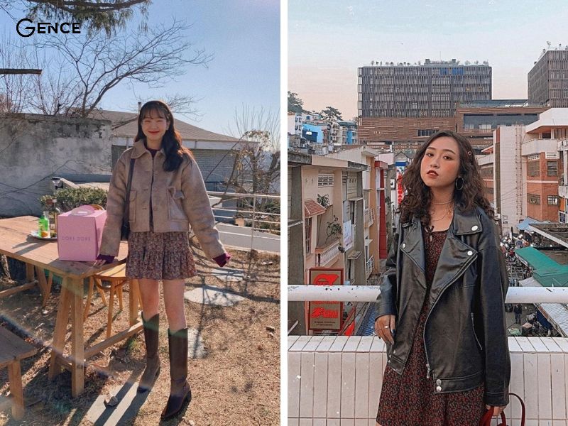 Phối đồ đi Đà Lạt cho nữ với váy hoa, áo khoác da lộn và boot