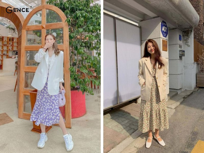 Set đồ đi Đà Lạt cho nữ với blazer và chân váy hoa