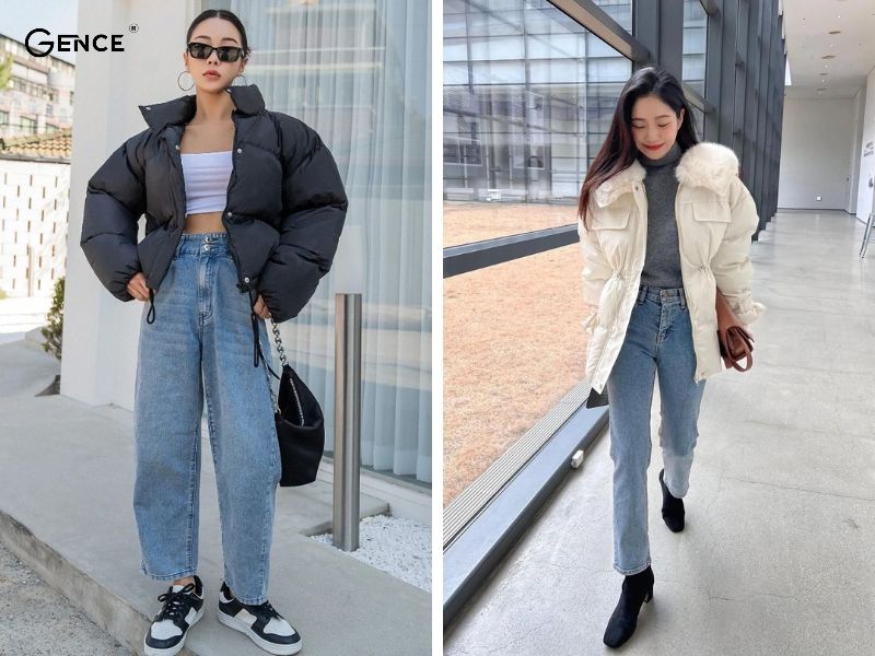 Áo phao và quần jean ấm áp, thời trang