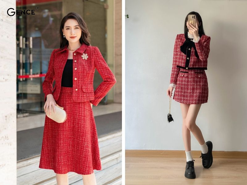 Set đồ dạ Tweed màu đỏ nổi bật trong mùa lễ
