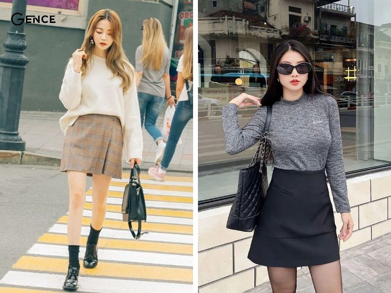 Mix áo len form rộng cùng chân váy chữ A thoải mái