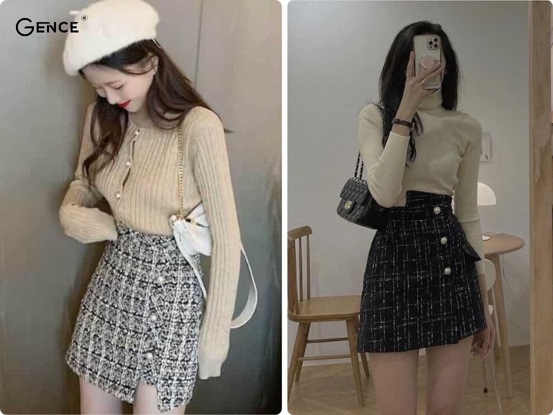 Áo len phối chân váy dạ tweed ấm áp, sành điệu, thời trang