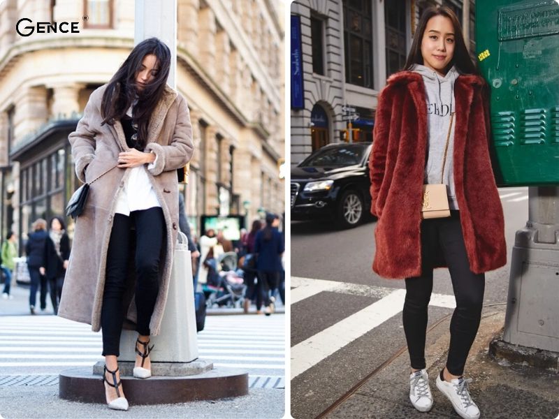 Áo khoác lông ấm áp, sang trọng phối cùng quấn legging thoải mái