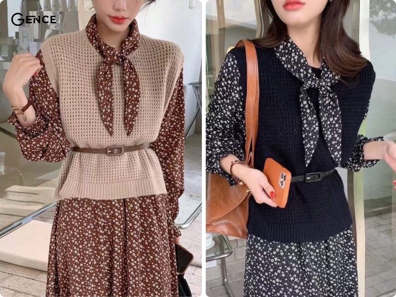 Áo gile phối cùng chân váy hoa nhí - style vintage