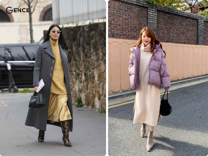 Thời trang mùa đông ấm áp với áo phao và váy len dài