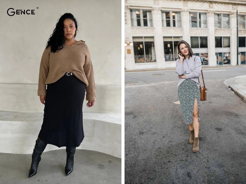 Áo len mix-match với chân váy midi