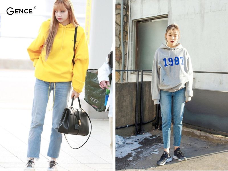 Phối đồ nữ quần jean với áo hoodie