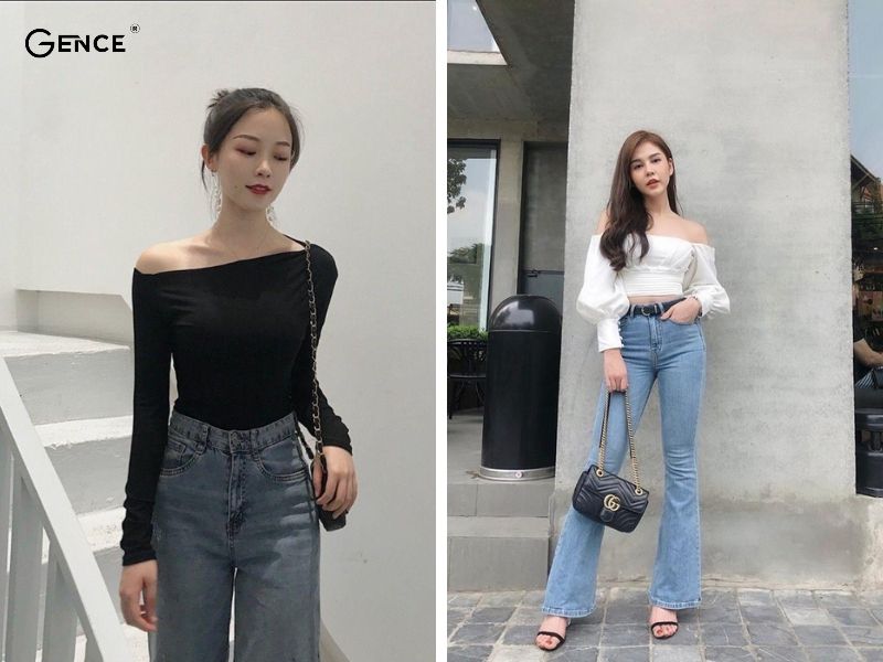 Phối đồ nữ quần jean với áo trễ vai