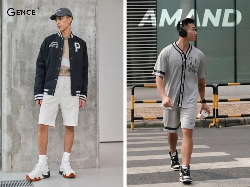 Quần short phối đồ với áo bóng chày