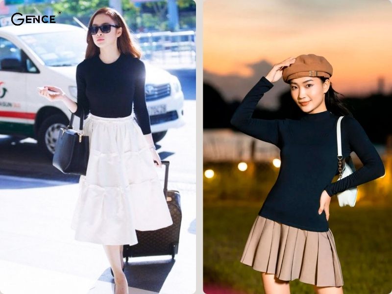 Chân váy xòe thể hiện sự dịu dàng, thướt tha khi phối cùng áo giữ nhiệt