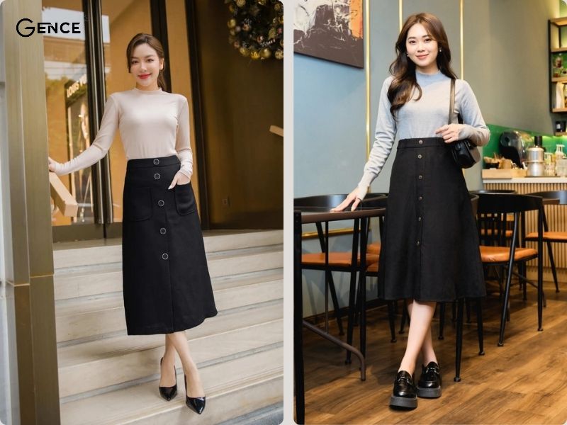 Phối đồ với chân váy chữ A và áo giữ nhiệt kín đáo và ấm áp