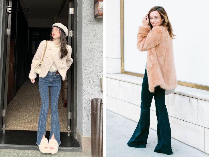 Quần ống loe sành điệu kết hợp với áo khoác lông