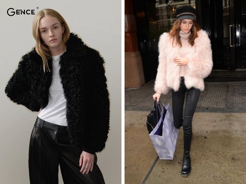 Phối áo khoác lông với quần da phá cách