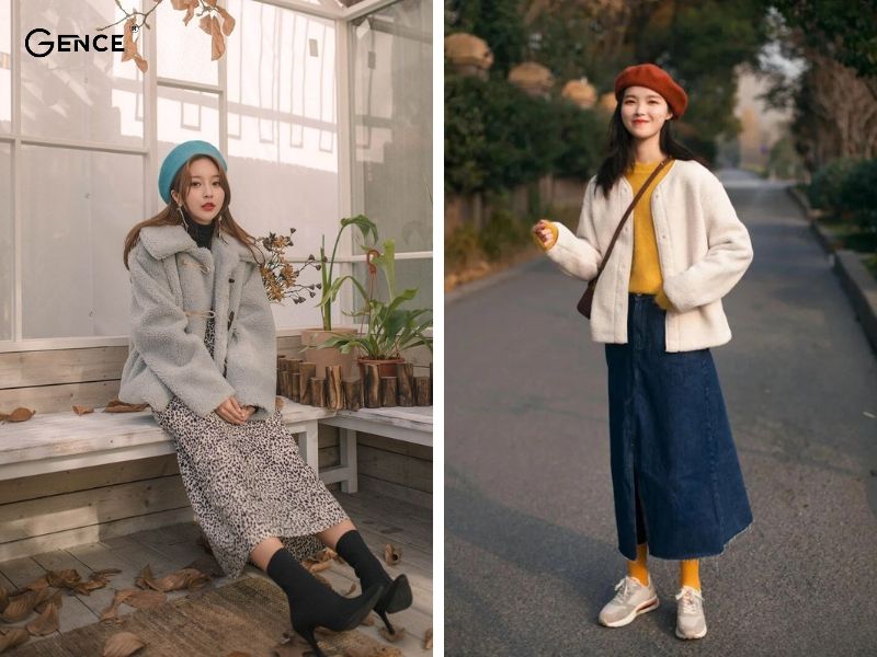 Chân váy dài mix-match với áo khoác lông