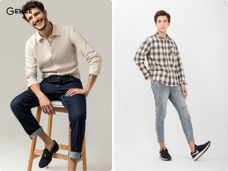 Áo sơ mi form rộng phối với quần jean suông đơn giản, tinh tế