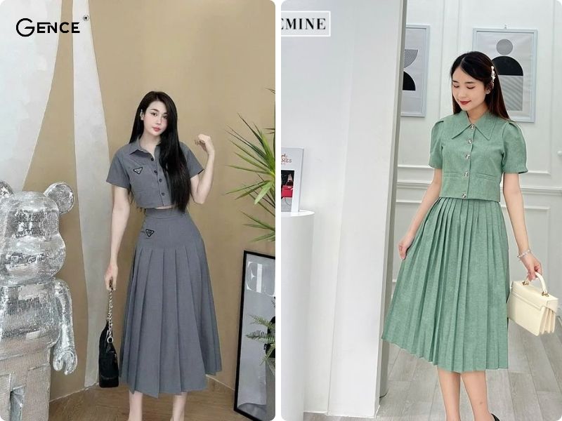 Chân váy xếp ly dài phối cùng áo sơ mi tay ngắn nữ quý phái