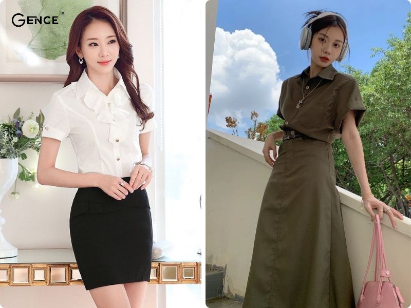 Chân váy ngắn hoặc dài đều phối cùng áo sơ mi ngắn tay đẹp