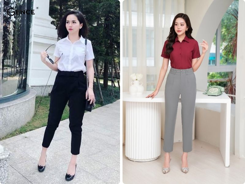 Quần baggy phối áo sơ mi nữ cộc tay thu hút