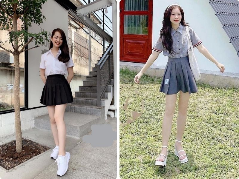 Cá tính và ấn tượng cùng chân váy tennis và áo sơ mi ngắn tay nữ