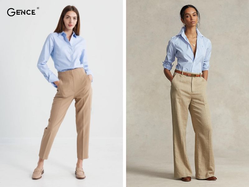 Phối đồ với áo sơ mi xanh dương nữ và quần kaki