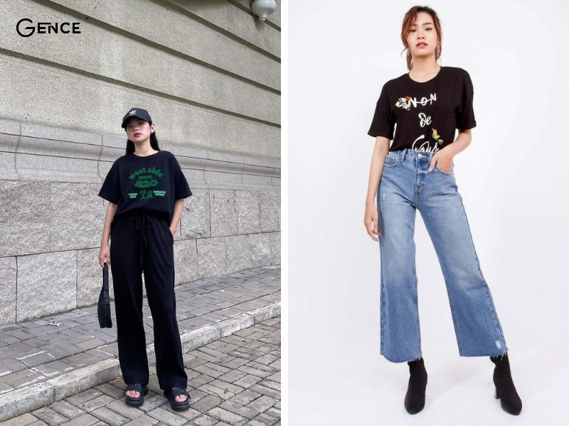 Mix match quần ống rộng với áo thun đen