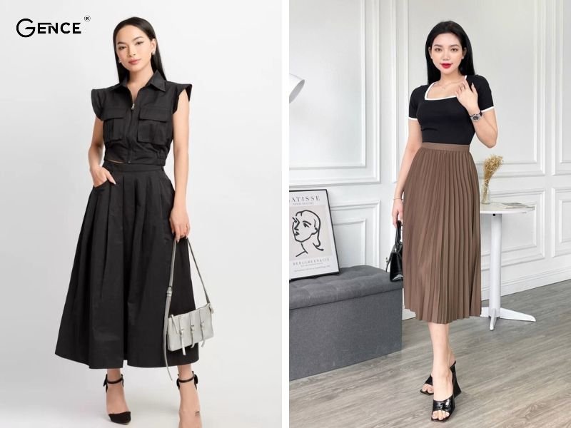 Chân váy xếp ly phối cùng áo thun đen