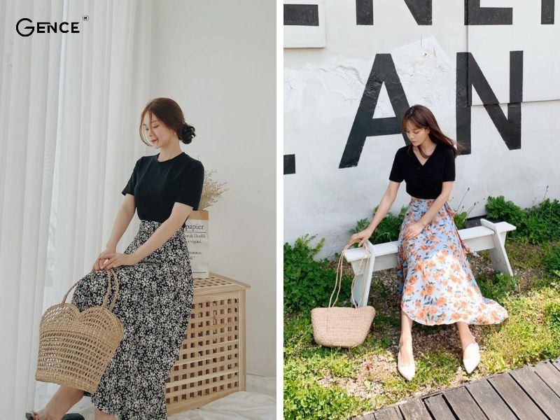 Nhẹ nhàng cùng áo thun và chân váy hoa nhí