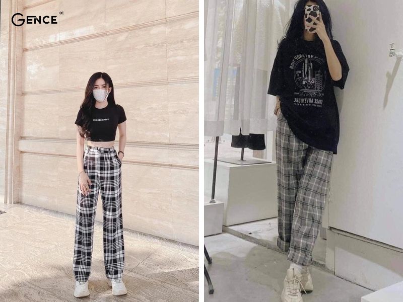 Mix áo thun đen với quần kẻ caro năng động