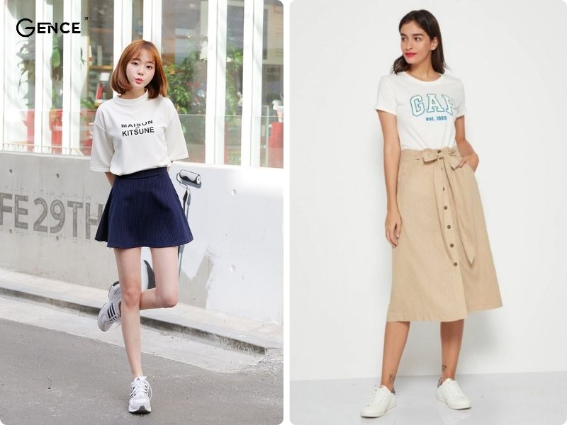 Chân váy xòe phối cùng áo thun nữ thể hiện sự năng động