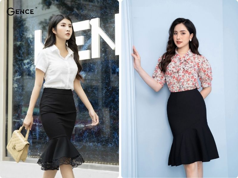 Phối áo sơ mi với chân váy đuôi cá chỉn chu, chuyên nghiệp