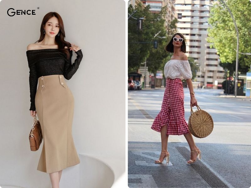 Phối áo trễ vai với chân váy đuôi cá thể hiện sự sexy, thu hút