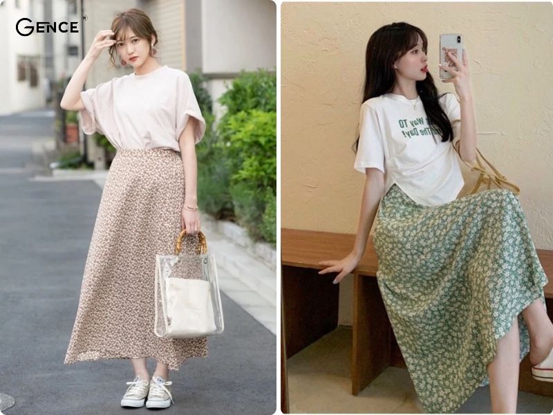 Outfit áo thun phối đồ với chân váy hoa nhí thời trang, ấn tượng