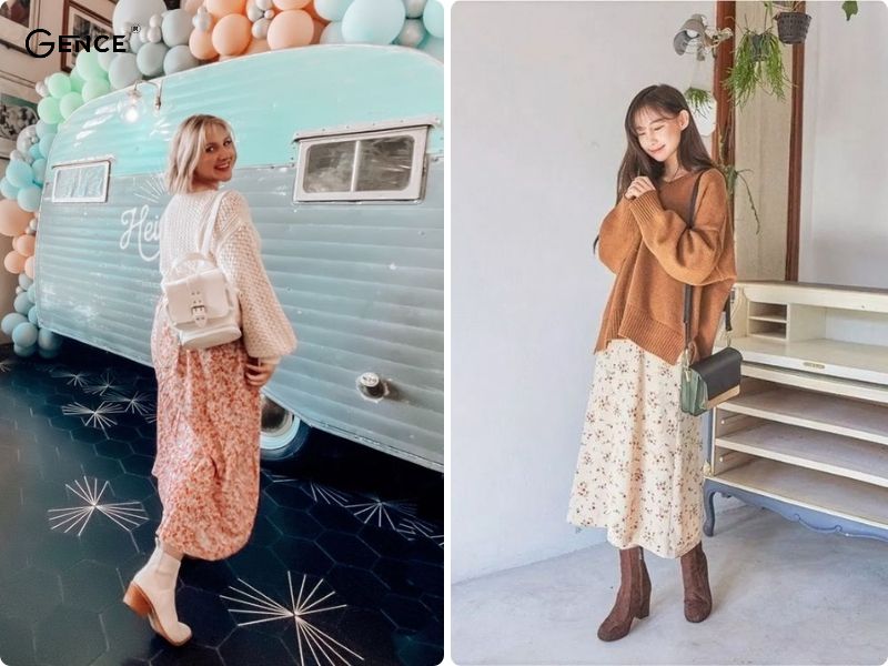 Phối đồ với chân váy hoa nhí với áo len oversize thoải mái