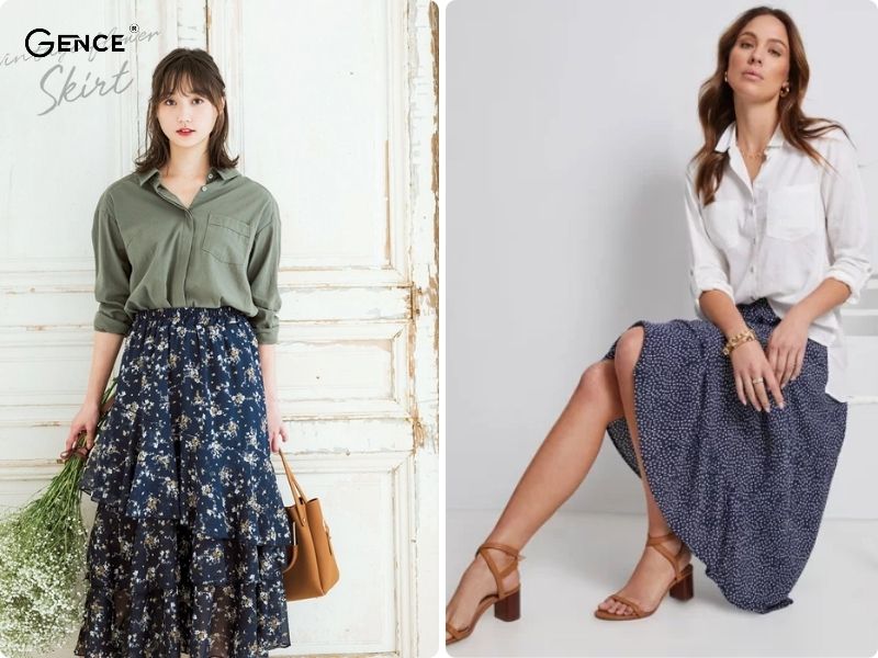 Phối đồ với chân váy hoa nhí với áo sơ mi thanh lịch