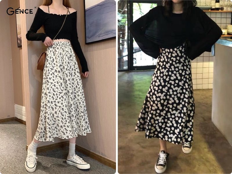 Phối đồ với chân váy hoa nhí với áo croptop năng động nhưng kém phần nhẹ nhàng