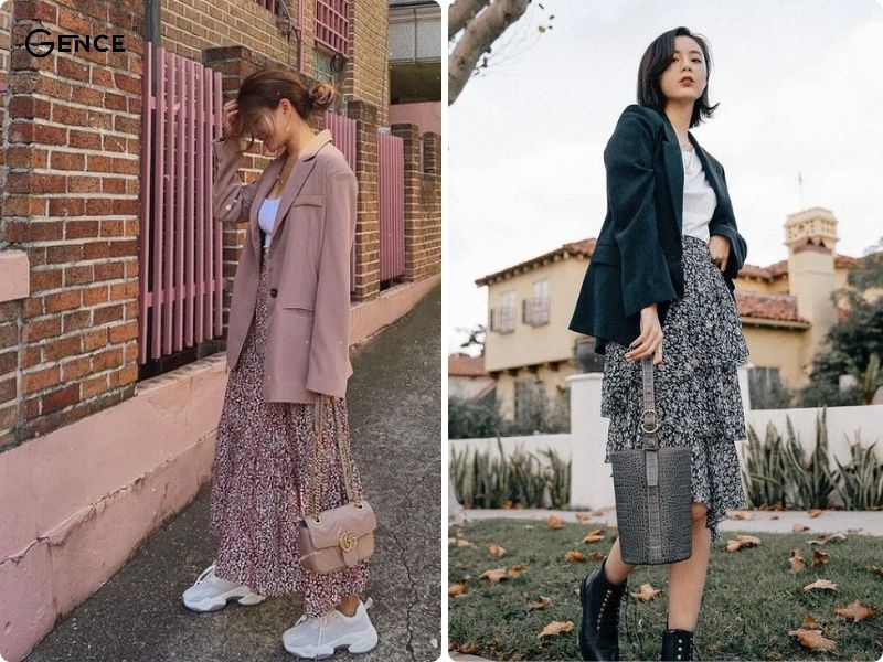 Outfit công sở được chị em yêu thích: áo blazer và chân váy hoa nhí