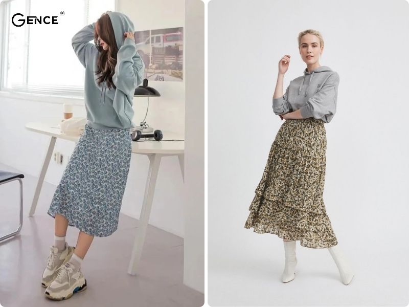 Phối đồ với chân váy hoa nhí và áo hoodie ấm áp cho mùa thu đông