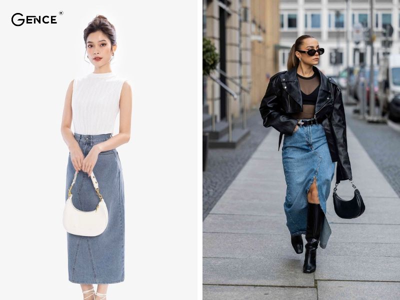 Phối đồ với chân váy jean dài, túi xách nữ da