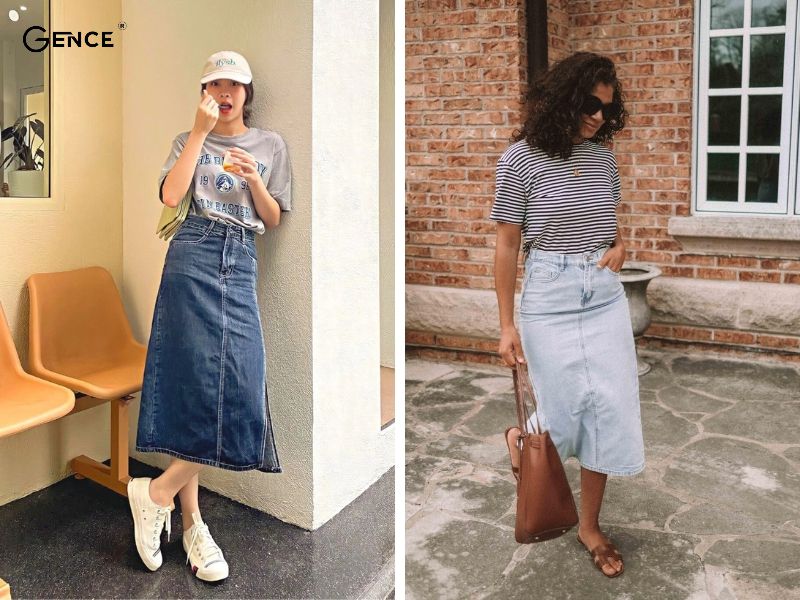 Phối đồ với chân váy jean dài và áo thun