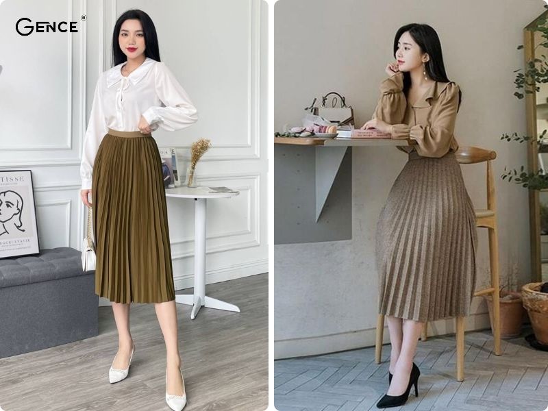 Style thanh lịch, quý phái cùng áo sơ mi và váy xếp ly dài