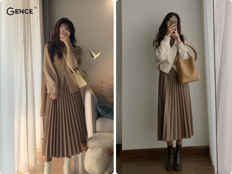 Thời trang mùa đông ấm áp cùng chân váy xếp ly dài và áo cardigan