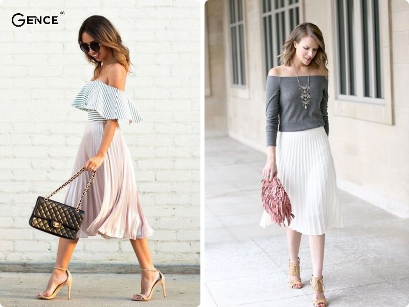 Áo trễ vai phối chân váy xếp ly dài - phong cách gợi cảm, thu hút