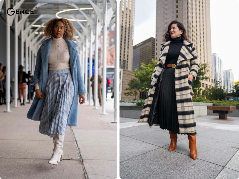 Áo khoác dài kết hợp cùng chân váy xếp ly dài làm tăng sự ấm áp