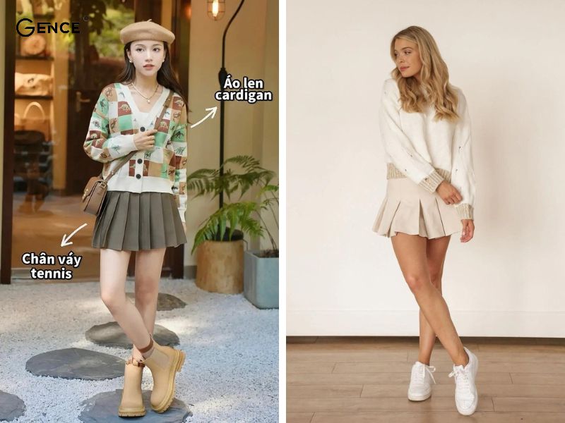 Phối đồ với chân váy ngắn xếp ly cùng áo cardigan