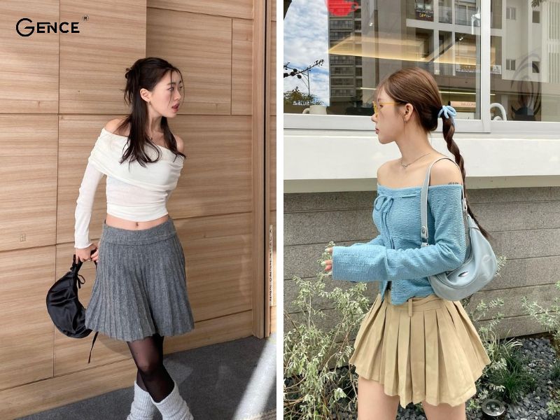 Áo trễ vai bánh bèo mix-match với chân váy xếp ly năng động
