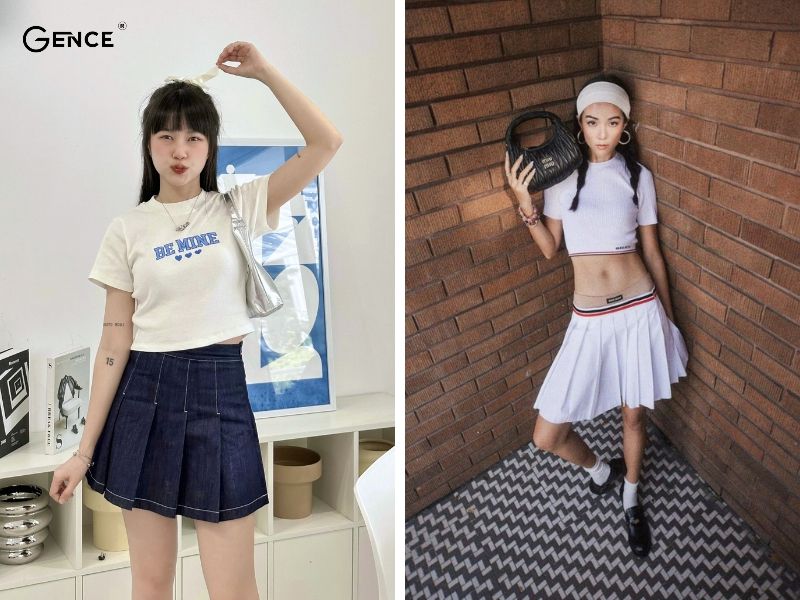 Phối đồ với chân váy xếp ly ngắn cùng croptop cá tính